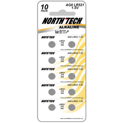 North Tech AG0 LR521 1.5V Alkaline Button Cell Batteries – 10 Pack